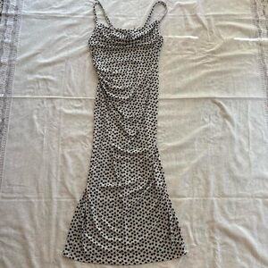 Zara Black & White Polka Dot Ruched Cowl Neck Fitted Spaghetti Strap Dress Sz S